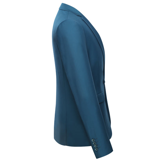 Royal Blue # Men's slim fit 3-piece classic casual suit with one-button peaked lapel and button closure, royal blue formal blazer jacket with matching vest and flat-front trousers with extended waist strap and slanted side pockets, elegant polyester viscose blend suit for business, wedding, office and daily wear, isolated on white background.