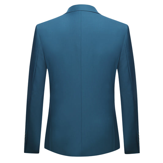 Royal Blue # Men's slim fit 3-piece classic casual suit with one-button peaked lapel and button closure, royal blue formal blazer jacket with matching vest and flat-front trousers with extended waist strap and slanted side pockets, elegant polyester viscose blend suit for business, wedding, office and daily wear, isolated on white background.