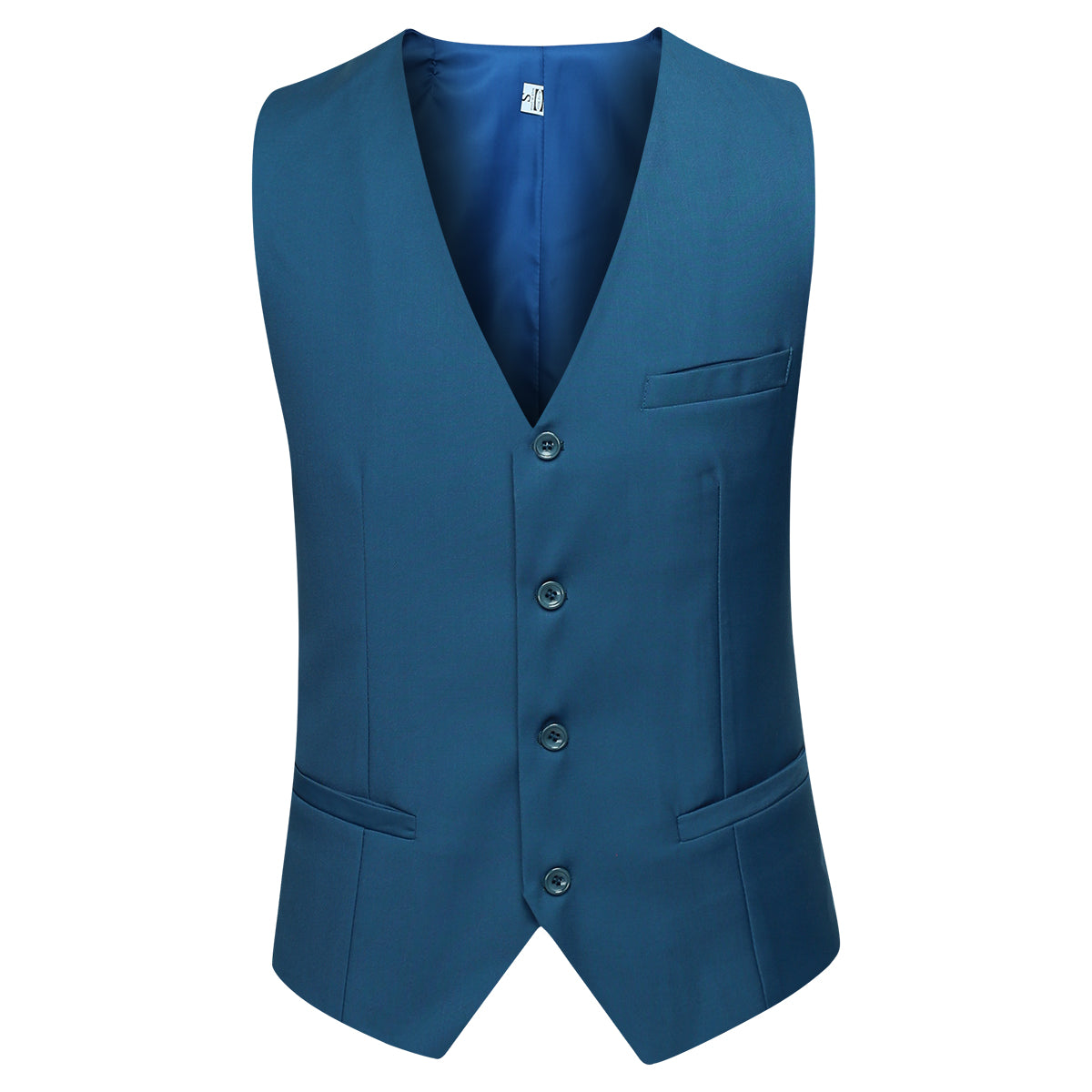 Royal Blue # Men's slim fit 3-piece classic casual suit with one-button peaked lapel and button closure, royal blue formal blazer jacket with matching vest and flat-front trousers with extended waist strap and slanted side pockets, elegant polyester viscose blend suit for business, wedding, office and daily wear, isolated on white background.