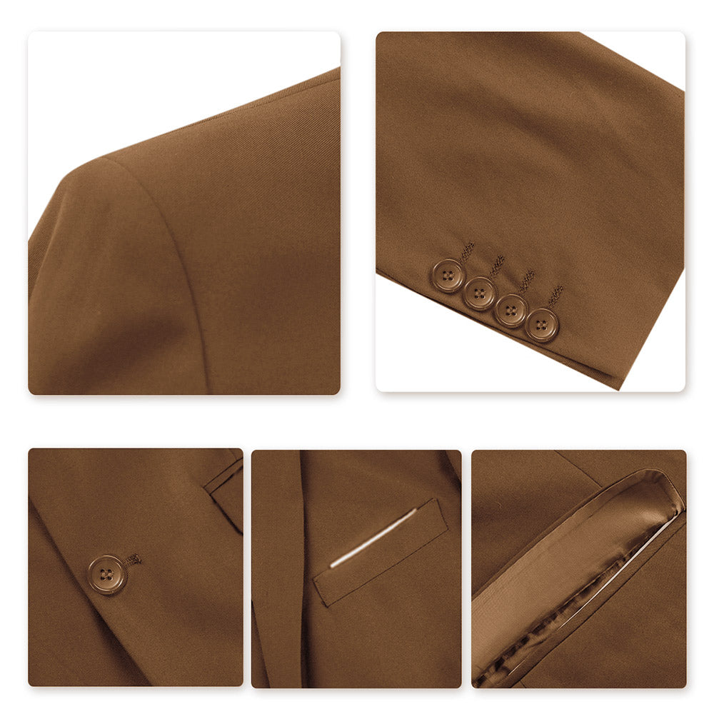 Light Coffee # Men's slim fit 3-piece one-button formal suit with peaked lapel and button closure, light coffee blazer jacket with matching vest and flat-front trousers with extended waist strap, elegant polyester suit for business, wedding, prom and daily wear, isolated on white background.