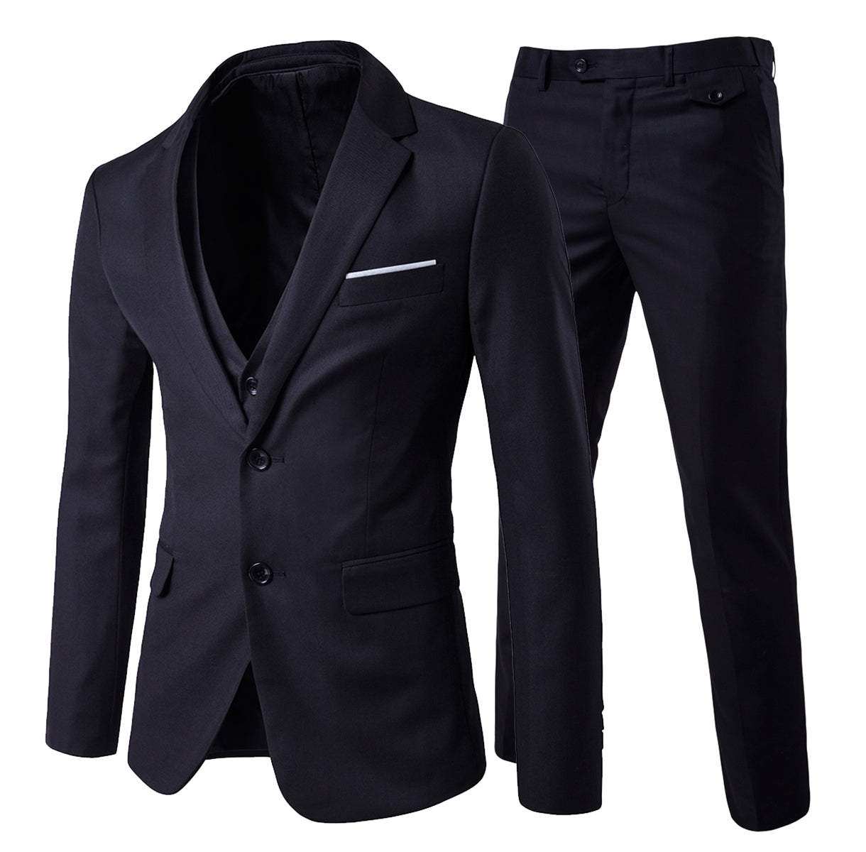 Black # Men's slim fit 3-piece casual suit with notched lapel and button closure, black formal blazer jacket with four-button cuffs, matching vest and flat-front trousers with extended waist strap and slanted side pockets, elegant polyester viscose blend suit for business, wedding, office and daily wear, isolated on white background.