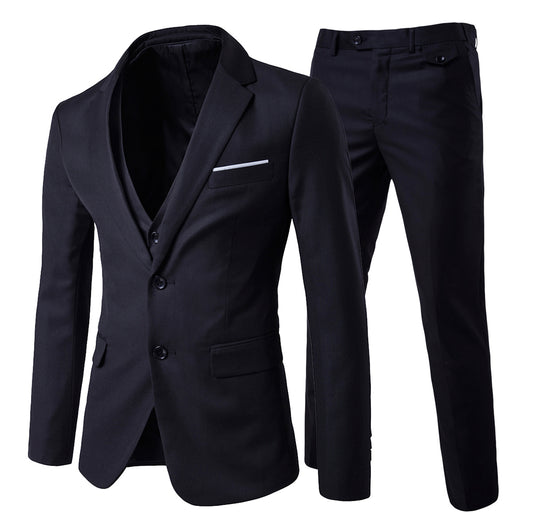 Black # Men's slim fit 3-piece casual suit with notched lapel and button closure, black formal blazer jacket with four-button cuffs, matching vest and flat-front trousers with extended waist strap and slanted side pockets, elegant polyester viscose blend suit for business, wedding, office and daily wear, isolated on white background.