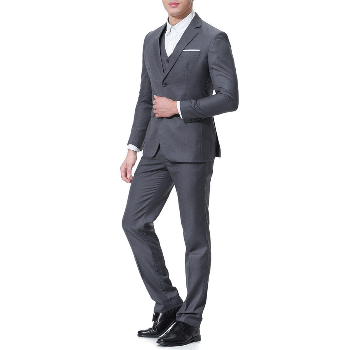 Dark Grey # Men's slim fit 3-piece casual suit with notched lapel and button closure, dark grey formal blazer jacket with four-button cuffs, matching vest and flat-front trousers with extended waist strap and slanted side pockets, elegant polyester viscose blend suit for business, wedding, office and daily wear, isolated on white background.
