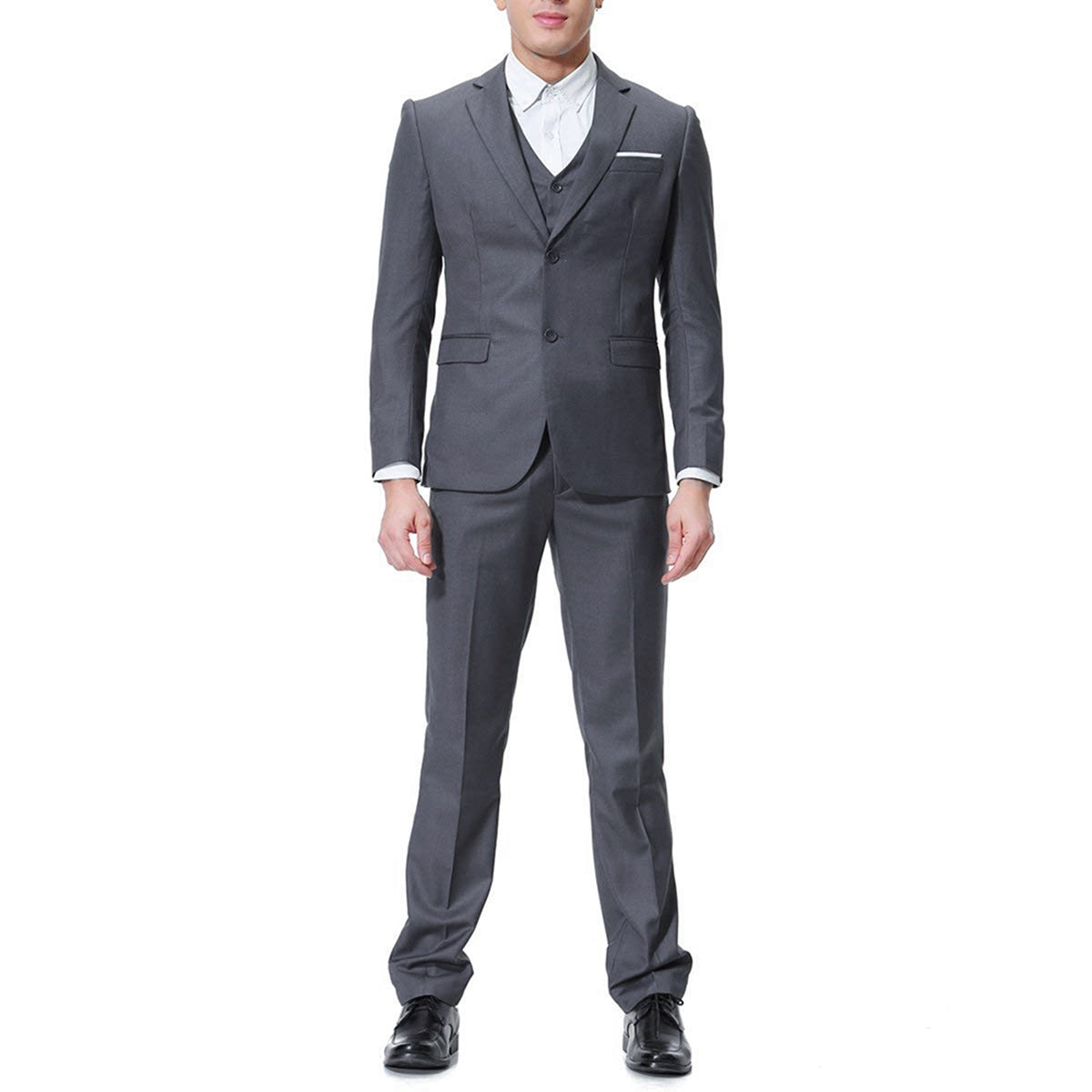 Dark Grey # Men's slim fit 3-piece casual suit with notched lapel and button closure, dark grey formal blazer jacket with four-button cuffs, matching vest and flat-front trousers with extended waist strap and slanted side pockets, elegant polyester viscose blend suit for business, wedding, office and daily wear, isolated on white background.