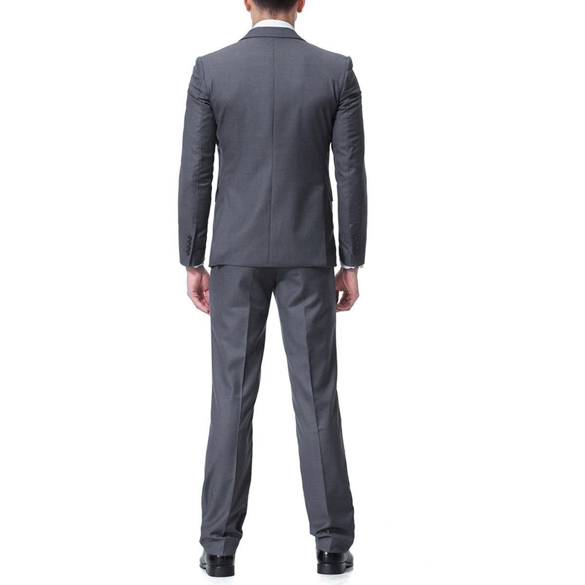 Dark Grey # Men's slim fit 3-piece casual suit with notched lapel and button closure, dark grey formal blazer jacket with four-button cuffs, matching vest and flat-front trousers with extended waist strap and slanted side pockets, elegant polyester viscose blend suit for business, wedding, office and daily wear, isolated on white background.