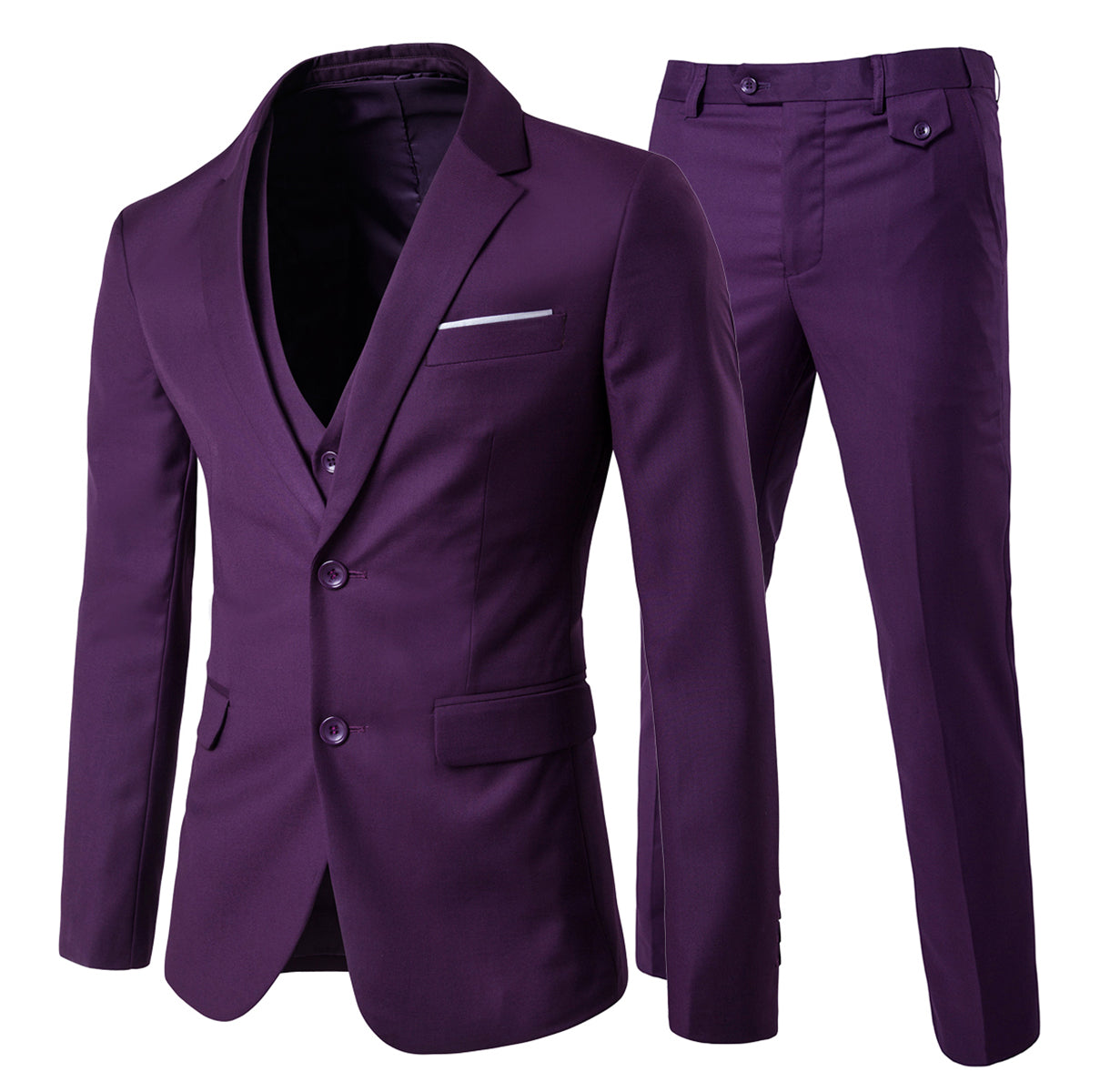 Purple # Men's slim fit 3-piece casual suit with notched lapel and button closure, purple formal blazer jacket with four-button cuffs, matching vest and flat-front trousers with extended waist strap and slanted side pockets, elegant polyester viscose blend suit for business, wedding, office and daily wear, isolated on white background.
