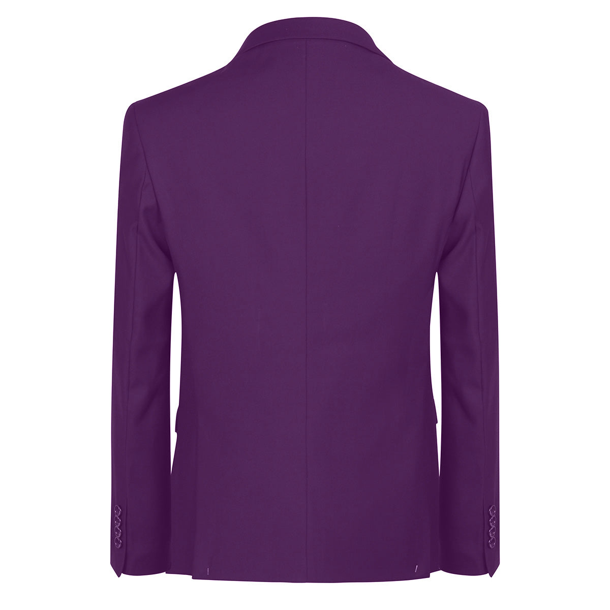 Purple # Men's slim fit 3-piece casual suit with notched lapel and button closure, purple formal blazer jacket with four-button cuffs, matching vest and flat-front trousers with extended waist strap and slanted side pockets, elegant polyester viscose blend suit for business, wedding, office and daily wear, isolated on white background.