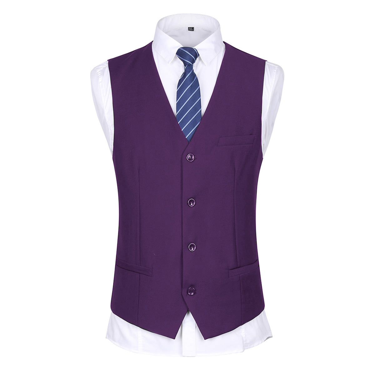 Purple # Men's slim fit 3-piece casual suit with notched lapel and button closure, purple formal blazer jacket with four-button cuffs, matching vest and flat-front trousers with extended waist strap and slanted side pockets, elegant polyester viscose blend suit for business, wedding, office and daily wear, isolated on white background.