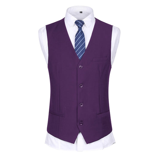 Purple # Men's slim fit 3-piece casual suit with notched lapel and button closure, purple formal blazer jacket with four-button cuffs, matching vest and flat-front trousers with extended waist strap and slanted side pockets, elegant polyester viscose blend suit for business, wedding, office and daily wear, isolated on white background.