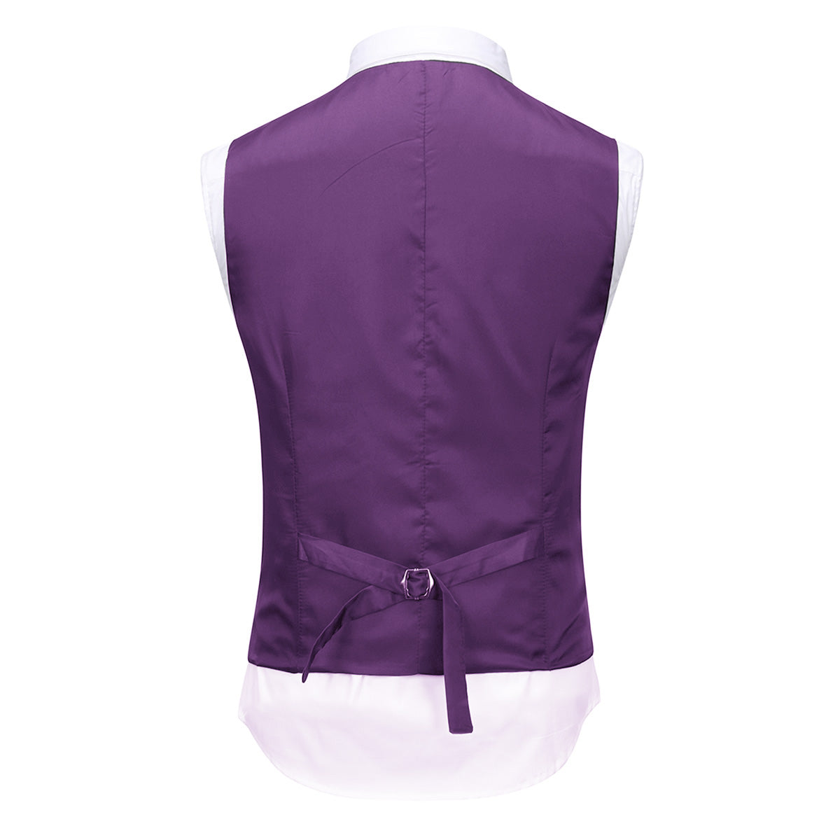 Purple # Men's slim fit 3-piece casual suit with notched lapel and button closure, purple formal blazer jacket with four-button cuffs, matching vest and flat-front trousers with extended waist strap and slanted side pockets, elegant polyester viscose blend suit for business, wedding, office and daily wear, isolated on white background.