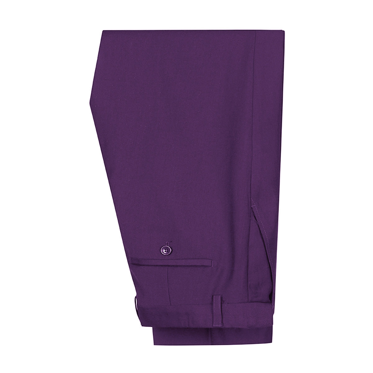 Purple # Men's slim fit 3-piece casual suit with notched lapel and button closure, purple formal blazer jacket with four-button cuffs, matching vest and flat-front trousers with extended waist strap and slanted side pockets, elegant polyester viscose blend suit for business, wedding, office and daily wear, isolated on white background.