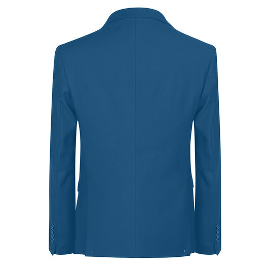 Steel Blue # Men's slim fit 3-piece casual suit with notched lapel and button closure, steel blue formal blazer jacket with four-button cuffs, matching vest and flat-front trousers with extended waist strap and slanted side pockets, elegant polyester viscose blend suit for business, wedding, office and daily wear, isolated on white background.