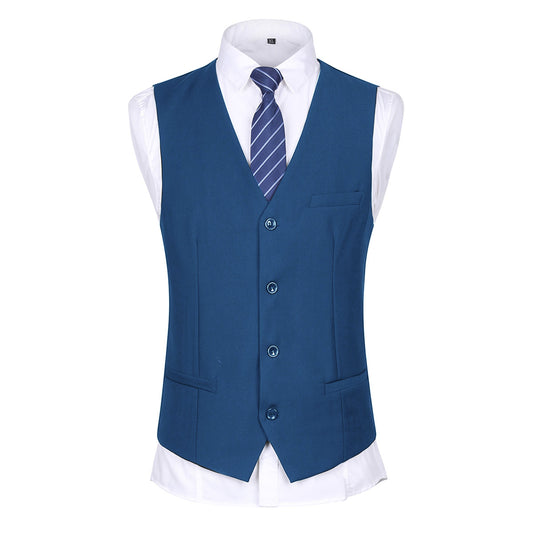 Steel Blue # Men's slim fit 3-piece casual suit with notched lapel and button closure, steel blue formal blazer jacket with four-button cuffs, matching vest and flat-front trousers with extended waist strap and slanted side pockets, elegant polyester viscose blend suit for business, wedding, office and daily wear, isolated on white background.