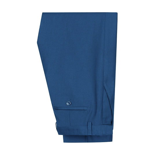 Steel Blue # Men's slim fit 3-piece casual suit with notched lapel and button closure, steel blue formal blazer jacket with four-button cuffs, matching vest and flat-front trousers with extended waist strap and slanted side pockets, elegant polyester viscose blend suit for business, wedding, office and daily wear, isolated on white background.