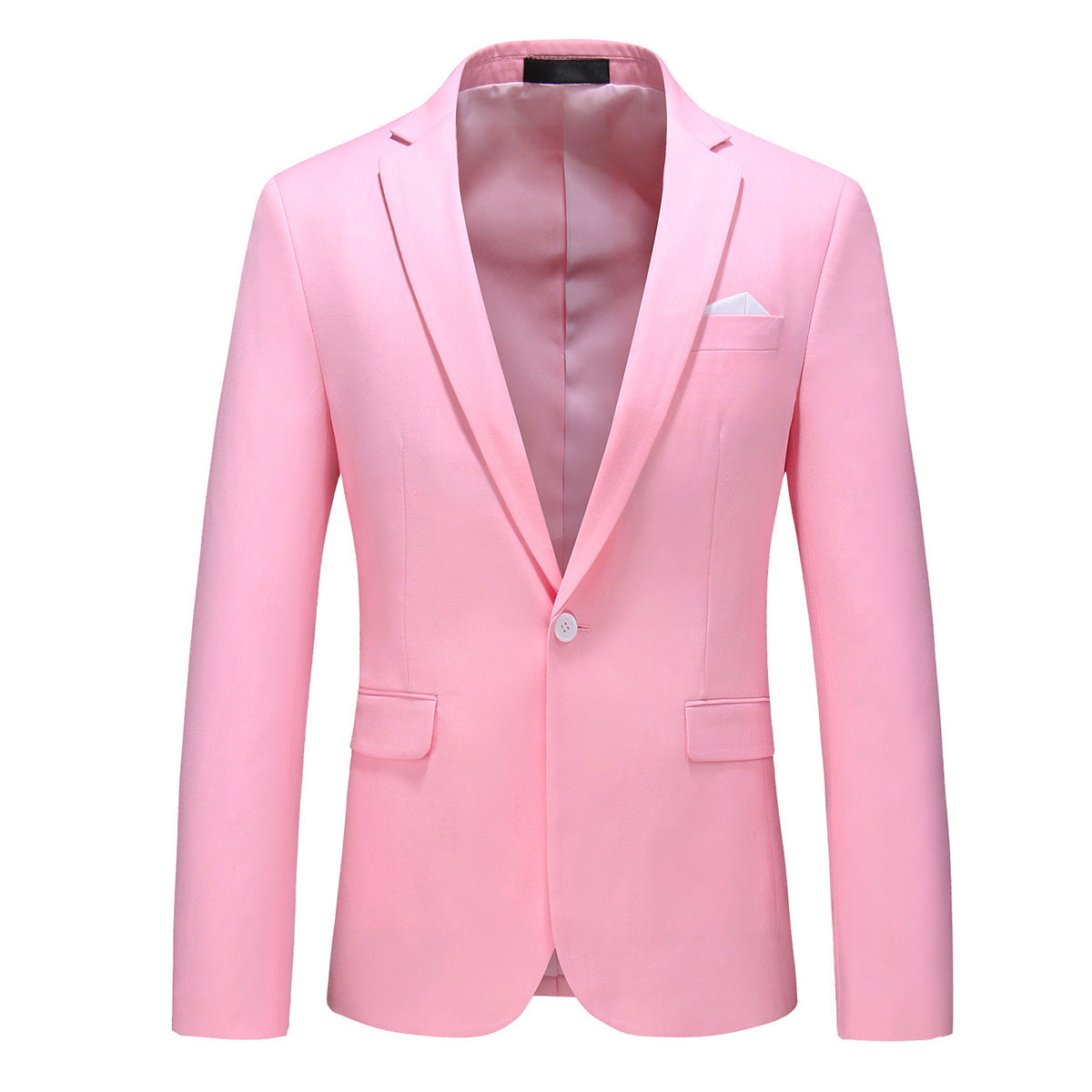 Pink # Men's one-button casual blazer with flat collar and single-breasted closure, stylish pink sport coat jacket with premium polyester viscose blend fabric and eco-friendly buttons for business, office, wedding and daily wear, isolated on white background.