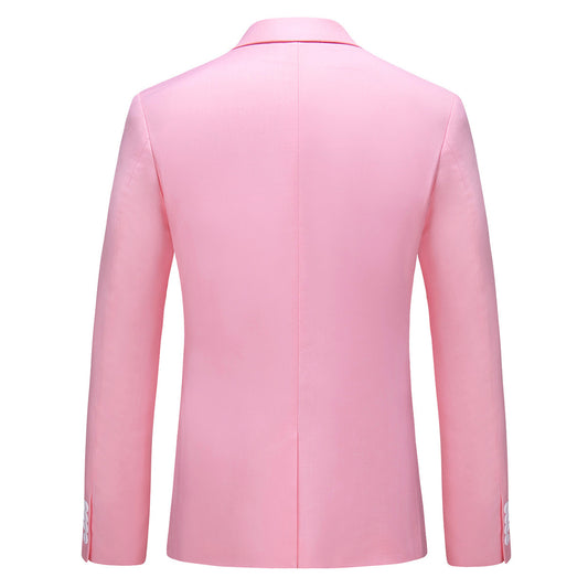 Pink # Men's one-button casual blazer with flat collar and single-breasted closure, stylish pink sport coat jacket with premium polyester viscose blend fabric and eco-friendly buttons for business, office, wedding and daily wear, isolated on white background.