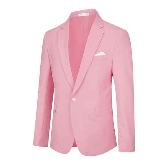 Pink # Men's one-button casual blazer with flat collar and single-breasted closure, stylish pink sport coat jacket with premium polyester viscose blend fabric and eco-friendly buttons for business, office, wedding and daily wear, isolated on white background.