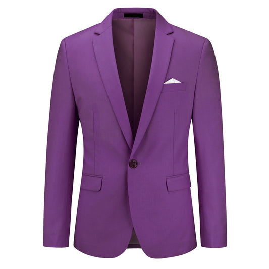 Purple # Men's one-button casual blazer with flat collar and single-breasted closure, stylish purple sport coat jacket with premium polyester viscose blend fabric and eco-friendly buttons for business, office, wedding and daily wear, isolated on white background.