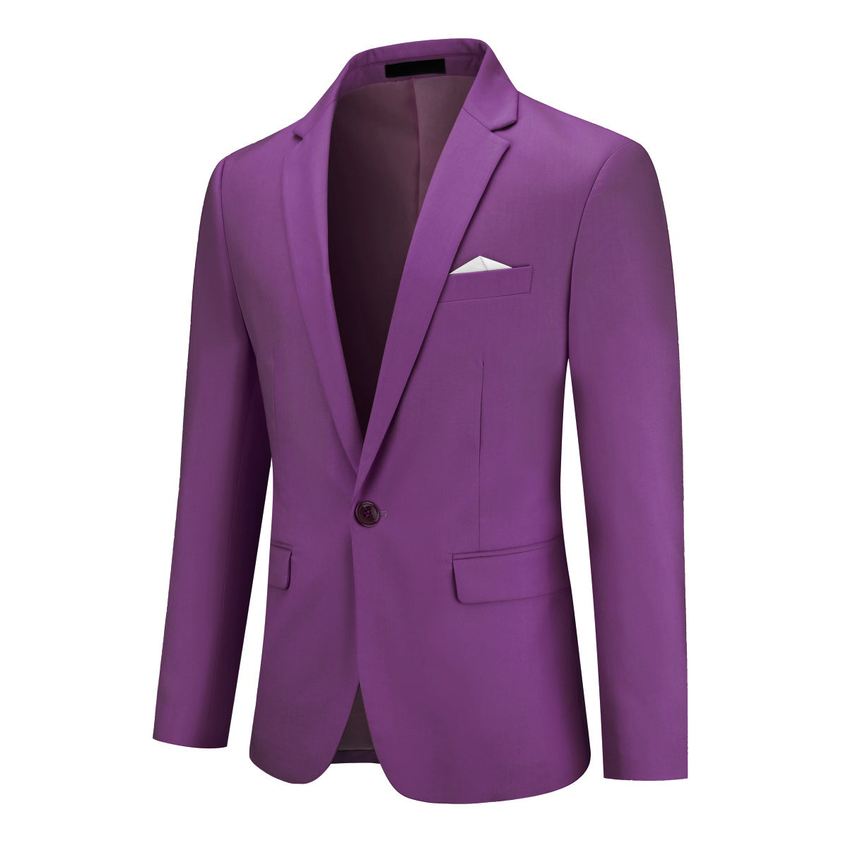 Purple # Men's one-button casual blazer with flat collar and single-breasted closure, stylish purple sport coat jacket with premium polyester viscose blend fabric and eco-friendly buttons for business, office, wedding and daily wear, isolated on white background.