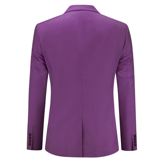 Purple # Men's one-button casual blazer with flat collar and single-breasted closure, stylish purple sport coat jacket with premium polyester viscose blend fabric and eco-friendly buttons for business, office, wedding and daily wear, isolated on white background.
