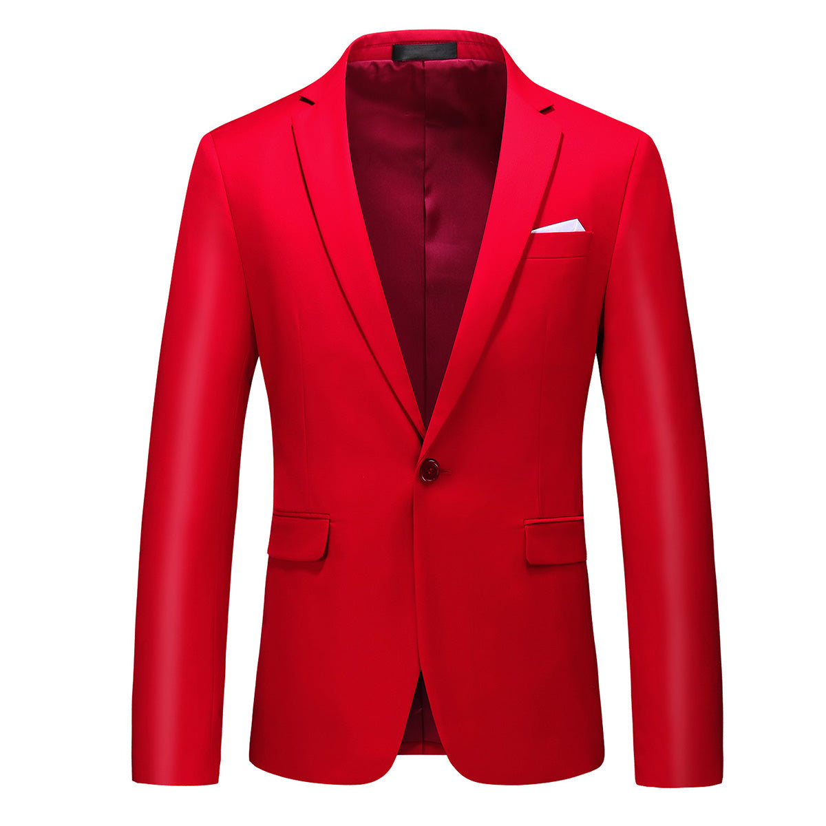 Red # Men's one-button casual blazer with flat collar and single-breasted closure, stylish red sport coat jacket with premium polyester viscose blend fabric and eco-friendly buttons for business, office, wedding and daily wear, isolated on white background.