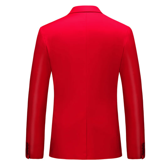 Red # Men's one-button casual blazer with flat collar and single-breasted closure, stylish red sport coat jacket with premium polyester viscose blend fabric and eco-friendly buttons for business, office, wedding and daily wear, isolated on white background.
