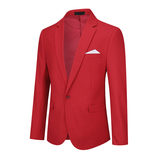 Red # Men's one-button casual blazer with flat collar and single-breasted closure, stylish red sport coat jacket with premium polyester viscose blend fabric and eco-friendly buttons for business, office, wedding and daily wear, isolated on white background.