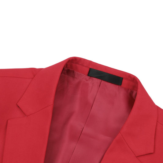 Red # Men's one-button casual blazer with flat collar and single-breasted closure, stylish red sport coat jacket with premium polyester viscose blend fabric and eco-friendly buttons for business, office, wedding and daily wear, isolated on white background.