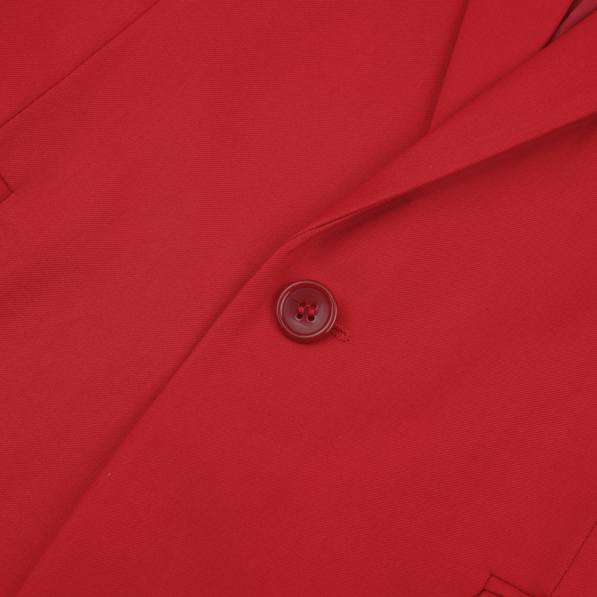 Red # Men's one-button casual blazer with flat collar and single-breasted closure, stylish red sport coat jacket with premium polyester viscose blend fabric and eco-friendly buttons for business, office, wedding and daily wear, isolated on white background.