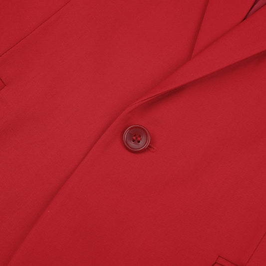 Red # Men's one-button casual blazer with flat collar and single-breasted closure, stylish red sport coat jacket with premium polyester viscose blend fabric and eco-friendly buttons for business, office, wedding and daily wear, isolated on white background.
