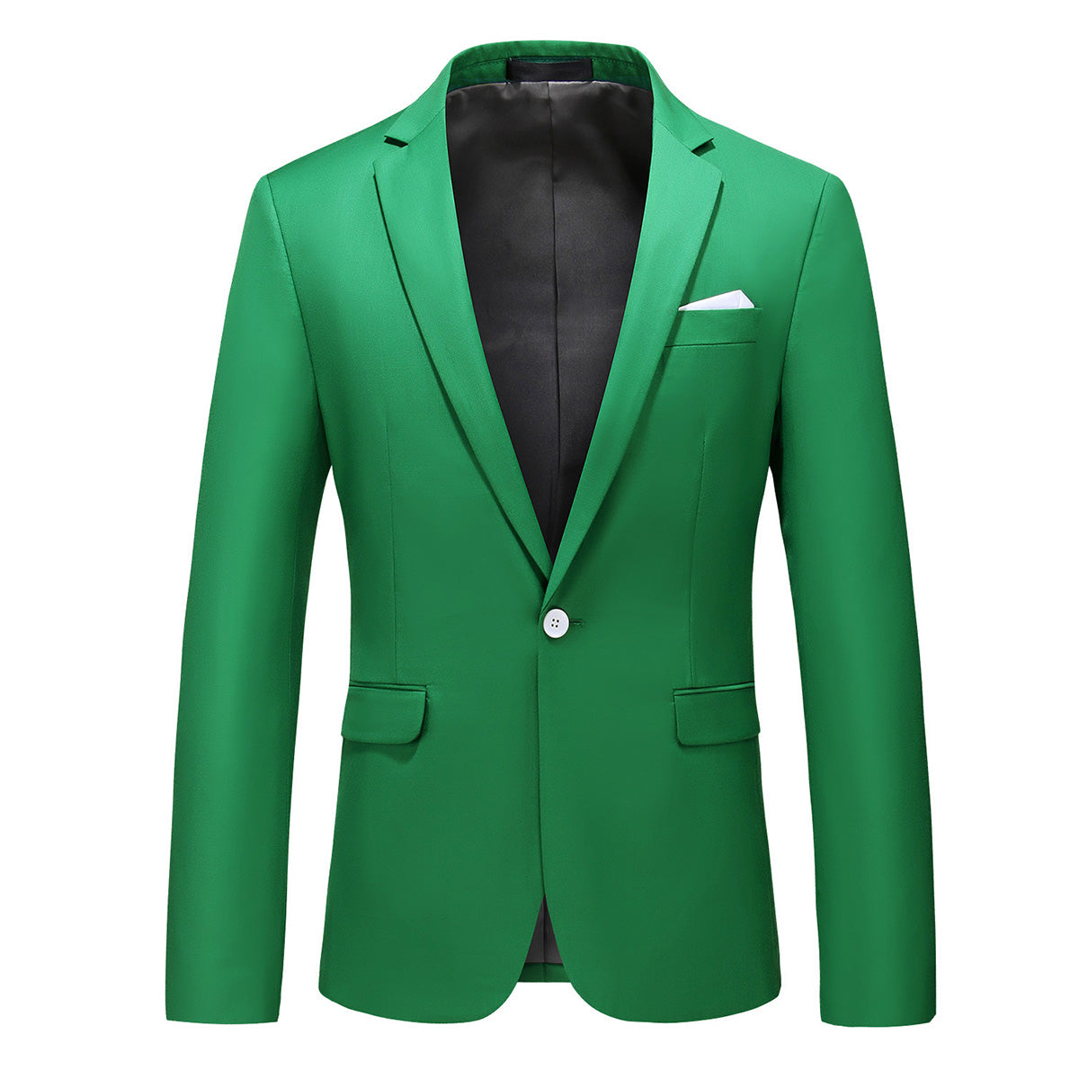 Green # Men's one-button casual blazer with flat collar and single-breasted closure, stylish green sport coat jacket with premium polyester viscose blend fabric and eco-friendly buttons for business, office, wedding and daily wear, isolated on white background.