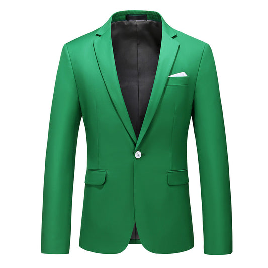 Green # Men's one-button casual blazer with flat collar and single-breasted closure, stylish green sport coat jacket with premium polyester viscose blend fabric and eco-friendly buttons for business, office, wedding and daily wear, isolated on white background.