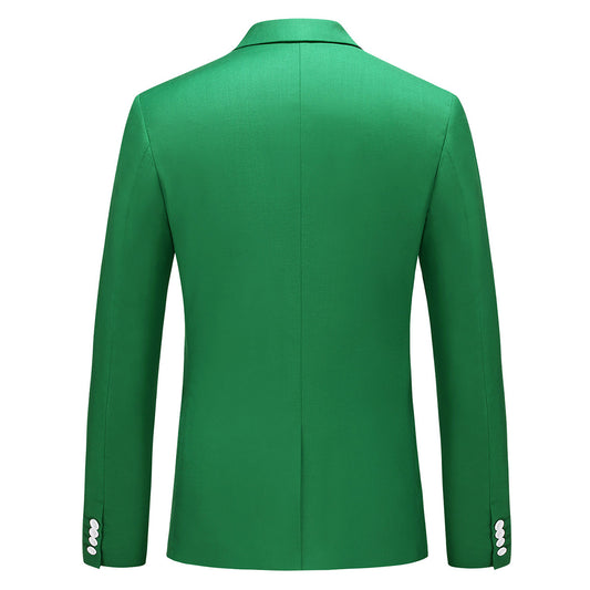 Green # Men's one-button casual blazer with flat collar and single-breasted closure, stylish green sport coat jacket with premium polyester viscose blend fabric and eco-friendly buttons for business, office, wedding and daily wear, isolated on white background.