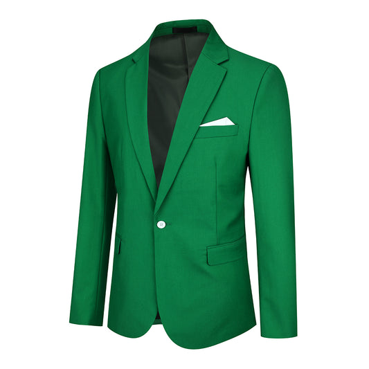 Green # Men's one-button casual blazer with flat collar and single-breasted closure, stylish green sport coat jacket with premium polyester viscose blend fabric and eco-friendly buttons for business, office, wedding and daily wear, isolated on white background.