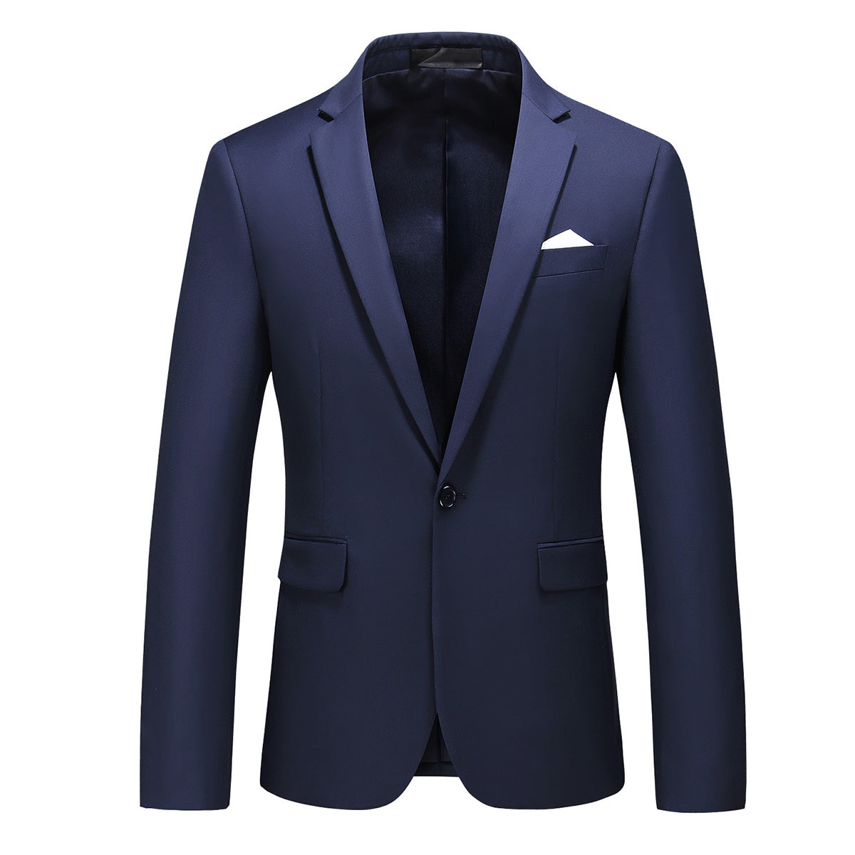 Navy # Men's one-button casual blazer with flat collar and single-breasted closure, stylish navy sport coat jacket with premium polyester viscose blend fabric and eco-friendly buttons for business, office, wedding and daily wear, isolated on white background.