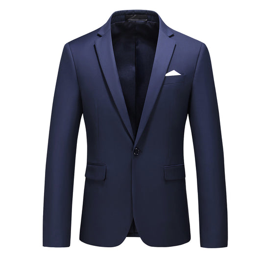 Navy # Men's one-button casual blazer with flat collar and single-breasted closure, stylish navy sport coat jacket with premium polyester viscose blend fabric and eco-friendly buttons for business, office, wedding and daily wear, isolated on white background.