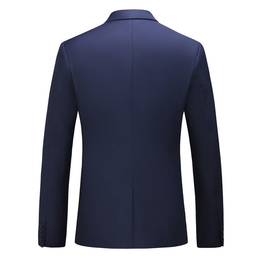 Navy # Men's one-button casual blazer with flat collar and single-breasted closure, stylish navy sport coat jacket with premium polyester viscose blend fabric and eco-friendly buttons for business, office, wedding and daily wear, isolated on white background.