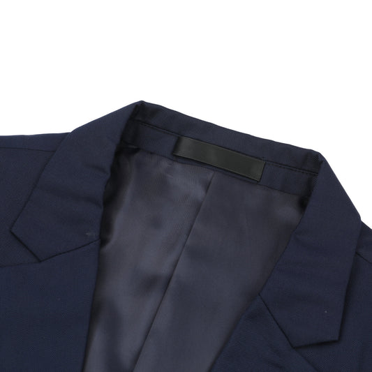 Navy # Men's one-button casual blazer with flat collar and single-breasted closure, stylish navy sport coat jacket with premium polyester viscose blend fabric and eco-friendly buttons for business, office, wedding and daily wear, isolated on white background.