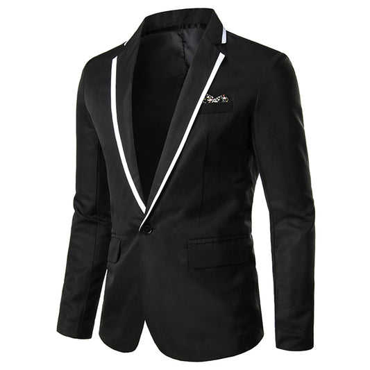 Black # Men's one button solid color casual blazer, classic slim fit single breasted suit jacket for business meetings, daily office wear and formal events, isolated on white background.