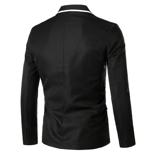 Black # Men's one button solid color casual blazer, classic slim fit single breasted suit jacket for business meetings, daily office wear and formal events, isolated on white background.
