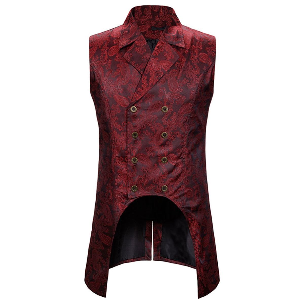 Maroon # Men's slim fit double breasted paisley dress vest with notched lapel and back vent, maroon brocade suit vest with 4-button closure and elegant paisley embroidery for wedding, prom, party, banquet and formal occasions, isolated on white background.
