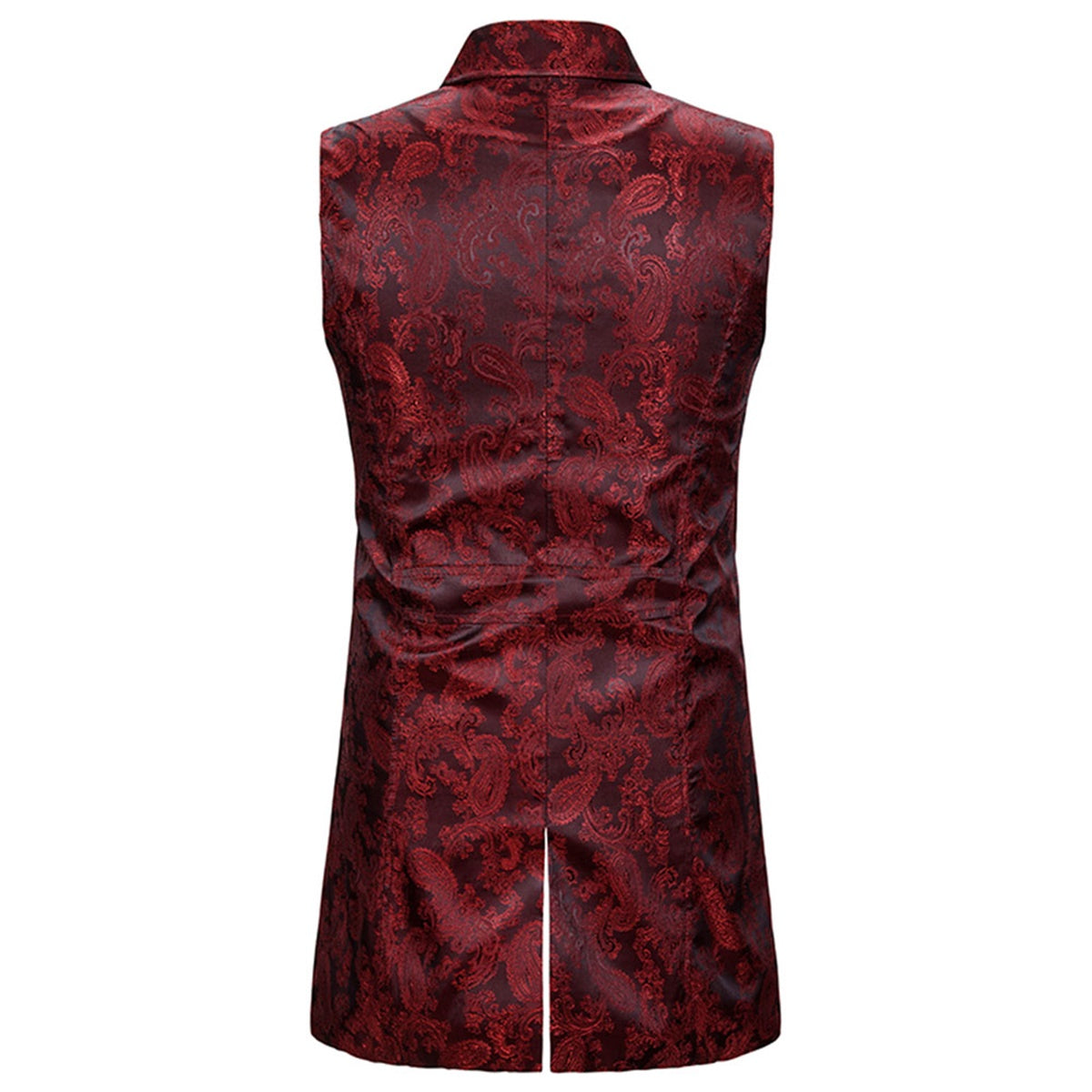 Maroon # Men's slim fit double breasted paisley dress vest with notched lapel and back vent, maroon brocade suit vest with 4-button closure and elegant paisley embroidery for wedding, prom, party, banquet and formal occasions, isolated on white background.