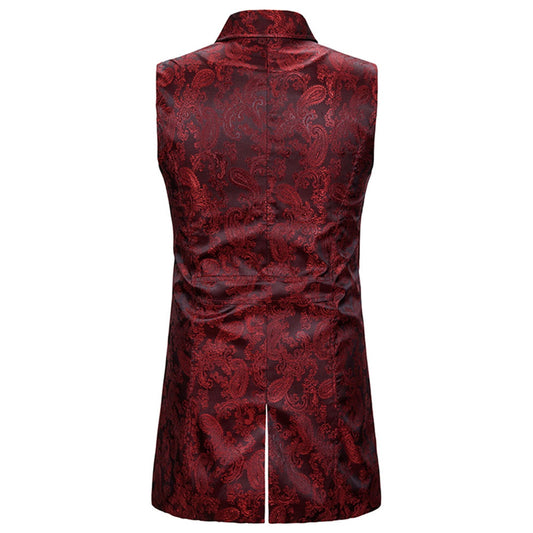 Maroon # Men's slim fit double breasted paisley dress vest with notched lapel and back vent, maroon brocade suit vest with 4-button closure and elegant paisley embroidery for wedding, prom, party, banquet and formal occasions, isolated on white background.