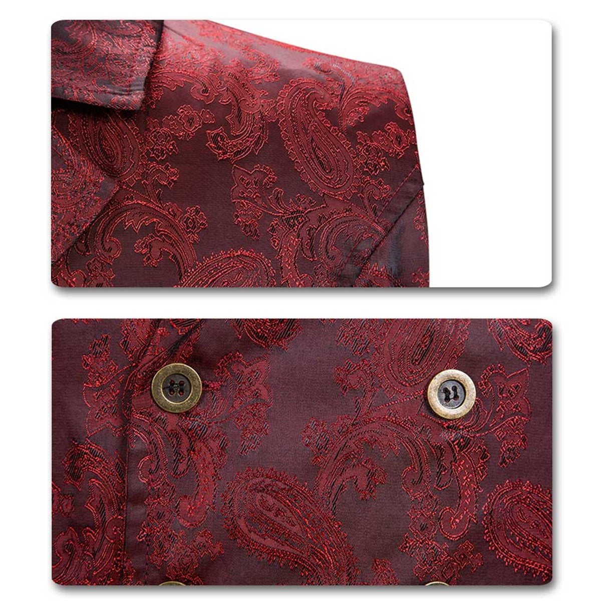 Maroon # Men's slim fit double breasted paisley dress vest with notched lapel and back vent, maroon brocade suit vest with 4-button closure and elegant paisley embroidery for wedding, prom, party, banquet and formal occasions, isolated on white background.