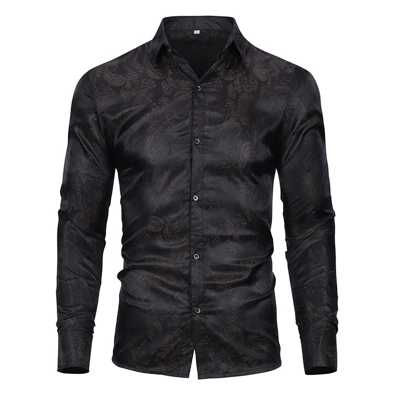 Black # Men's slim fit embroidered paisley shirt with point collar and long sleeves, black button-closure top with tone-to-tone embroidery and breathable polyester blend fabric for business, party, prom, wedding and daily wear, isolated on white background.