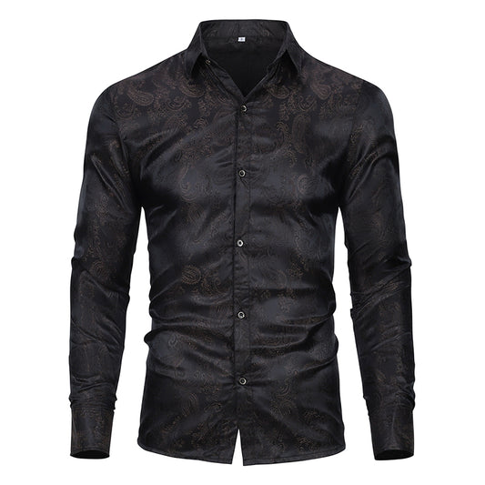 Black # Men's slim fit embroidered paisley shirt with point collar and long sleeves, black button-closure top with tone-to-tone embroidery and breathable polyester blend fabric for business, party, prom, wedding and daily wear, isolated on white background.