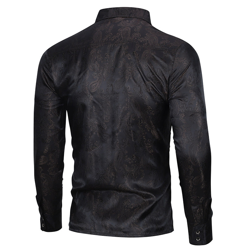 Black # Men's slim fit embroidered paisley shirt with point collar and long sleeves, black button-closure top with tone-to-tone embroidery and breathable polyester blend fabric for business, party, prom, wedding and daily wear, isolated on white background.