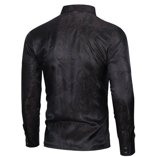 Black # Men's slim fit embroidered paisley shirt with point collar and long sleeves, black button-closure top with tone-to-tone embroidery and breathable polyester blend fabric for business, party, prom, wedding and daily wear, isolated on white background.