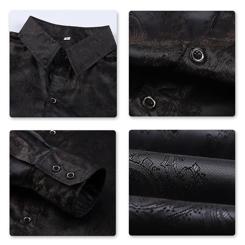 Black # Men's slim fit embroidered paisley shirt with point collar and long sleeves, black button-closure top with tone-to-tone embroidery and breathable polyester blend fabric for business, party, prom, wedding and daily wear, isolated on white background.