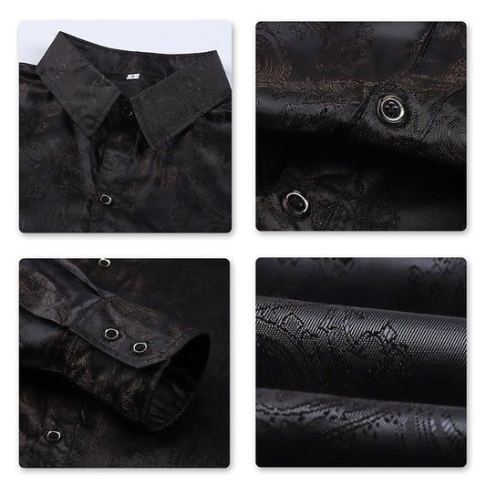 Black # Men's slim fit embroidered paisley shirt with point collar and long sleeves, black button-closure top with tone-to-tone embroidery and breathable polyester blend fabric for business, party, prom, wedding and daily wear, isolated on white background.